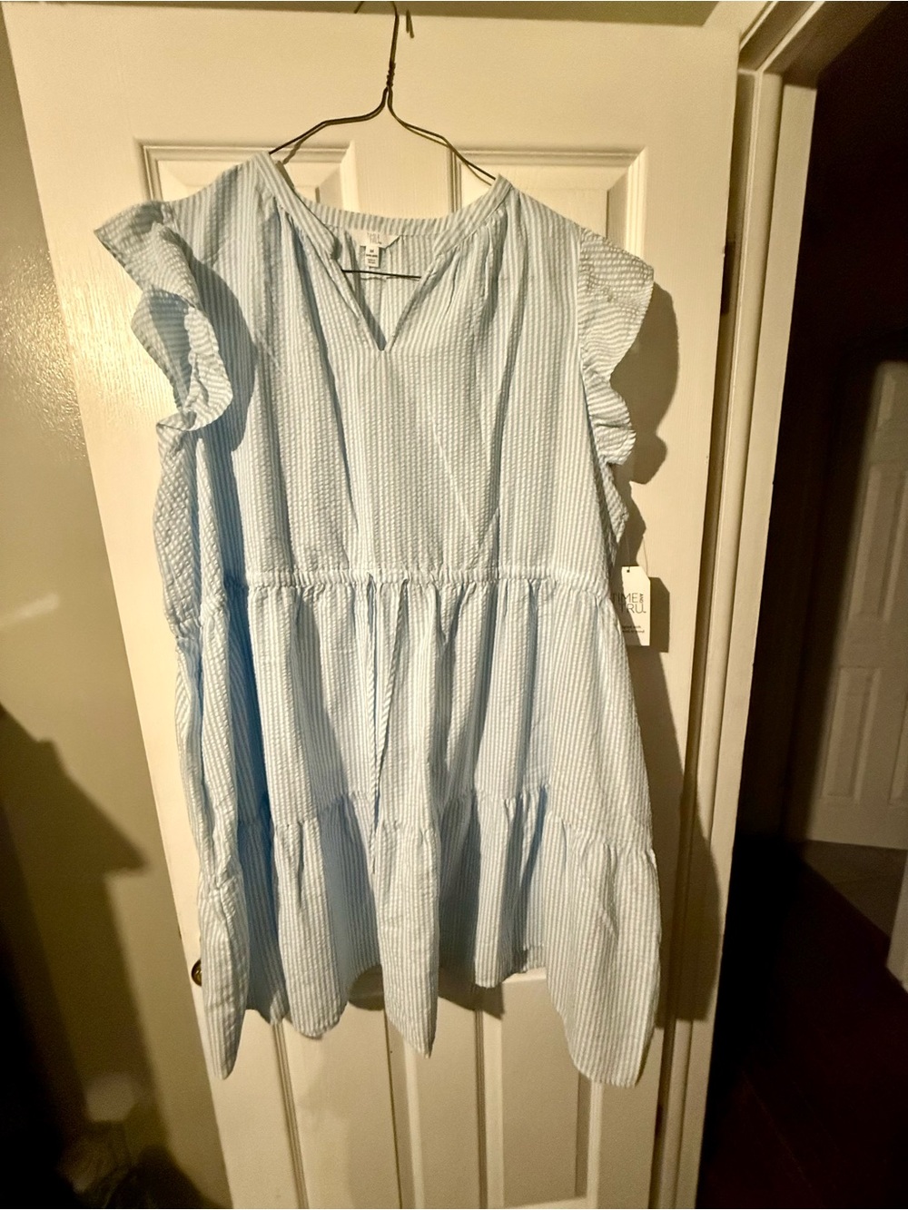 Light Blue Striped Ruffle Sleeve Smock Dress
